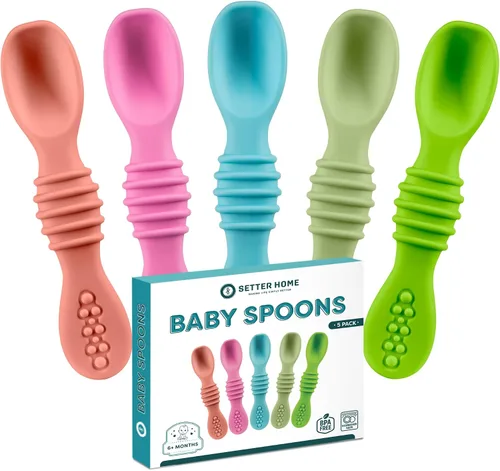 Miniatura 9 de Juego de cucharas de silicona prémium para bebés, cucharas para bebés y niños pequeños, utensilios de destete masticables para bebés de primera