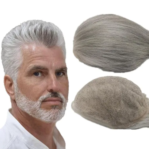 Miniatura 22 de 1B20 unidades de cabello gris Toupee para hombres piezas para hombre NLW sistema de reemplazo de heredero humano europeo para hombres 10x8 "toupee