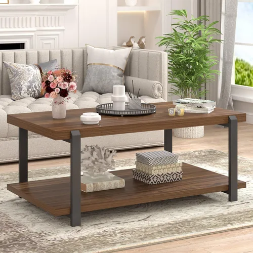 Miniatura 3 de FOLUBAN - Mesa de café moderna con estante de almacenamiento, mesa central de madera rústica para sala de estar, nogal