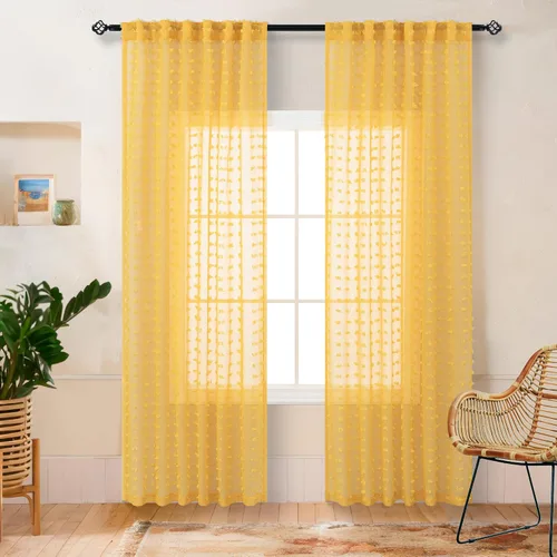 Miniatura 21 de Cortinas Beige Semitransparentes de 63 Pulgadas de Largo para Dormitorio, Sala de Estar, Guardería Infantil, Ventana con Diseño de Pompón