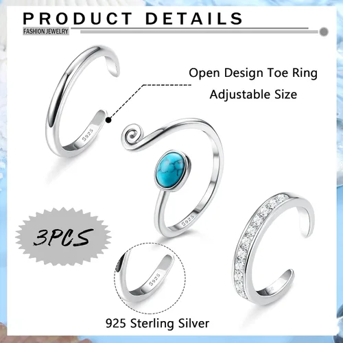 Miniatura 2 de Florideco Juego de 3 anillos de plata de ley S925 para mujer, con puntera abierta, ajuste cómodo, ajustable, nudo celta, turquesa, dedo del pie