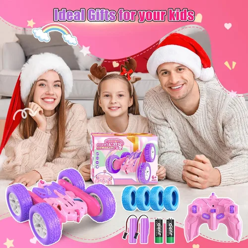 Miniatura 6 de Jimdella - Coches a control remoto para niñas, auto de acrobacias RC de 2.4GHz con giros de 360° y conducción de doble cara, ruedas intercambiables