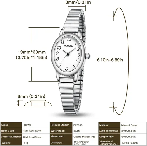 Miniatura 4 de BOFAN Relojes pequeños de oro para mujer, relojes de pulsera de cuarzo de fácil lectura con banda de expansión de acero inoxidable, resistente al