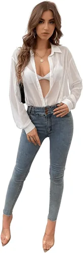 Miniatura 4 de Verdusa Blusa de malla transparente con botones para mujer, manga larga, hombros caídos