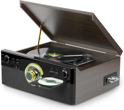 Reproductor de Discos Todo en Uno con CD y Casete, Tocadiscos Bluetooth de 3 Velocidades con Altavoces Integrados, Grabación USB