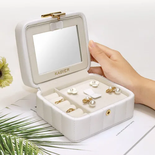 Miniatura 2 de KAMIER Organizador de joyas de viaje, caja organizadora de joyas de viaje de cuero acolchado con diamante, caja de joyería pequeña para mujer