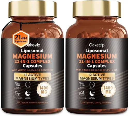2 Paquetes de Cápsulas de Complejo de Magnesio Liposomal con 12 Tipos Activos 1400mg (Glicinato, Citrato, Malato, etc.) - con Vitamina D3, B6, B12,