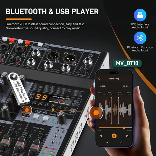 Miniatura 2 de RM04 - Mezclador de audio de 4 canales, mezclador Bluetooth, interfaz de audio USB, mezclador DJ con 2 entradas combinadas XLR, grabación de 24 bits