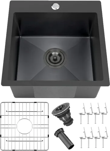 Miniatura 11 de Fregadero de Barra Negro Empotrable de 15x15 Pulgadas - Fregadero de Cocina Cuadrado Pequeño de Acero Inoxidable de Montaje Superior para Estación