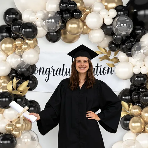 Miniatura 6 de Amandir Kit de guirnalda de arco de 173 globos negros y perlas, blanco perla, negro, cromado, dorado, globos transparentes para graduación