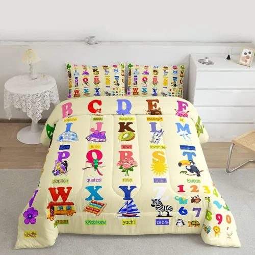 Miniatura 13 de jejeloiu Juego de edredón educativo para niños, tamaño King, juego de ropa de cama con números del alfabeto ABC para niños y niñas pequeños