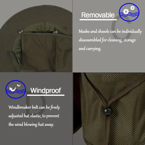 Miniatura 3 de Sombrero de pesca con protección solar, funda extraíble con solapa para el cuello con mangas para brazos para exteriores