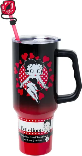 Silver Buffalo Betty Boop Core - Vaso de acero inoxidable con tapa para pajilla, tapa, popote y asa, 40 onzas