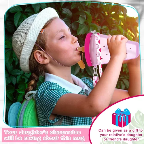 Miniatura 6 de Patelai 8 botellas de agua bonitas con pajita, tazas de helado de sandía kawaii, a prueba de fugas, con correa ajustable para el hombro