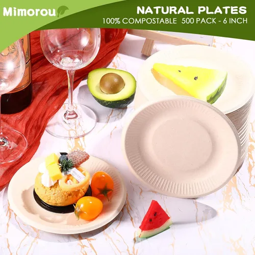 Miniatura 6 de Mimorou 500 platos de papel 100% compostables a granel, platos de papel desechables de caña de azúcar, color marrón, a granel, pequeños, postres