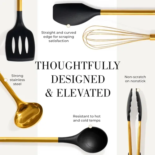 Miniatura 6 de Juego de utensilios de cocina negros y dorados, herramientas de cocina de silicona de 7 piezas con soporte dorado para utensilios de cocina 7 piezas