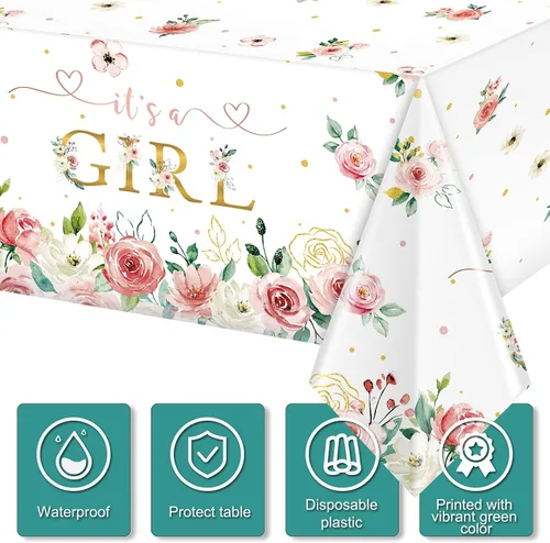 Miniatura 3 de Pajean Paquete de 3 manteles florales para baby shower, decoración con texto en inglés "It's a Girl", manteles de fiesta de baby shower, manteles