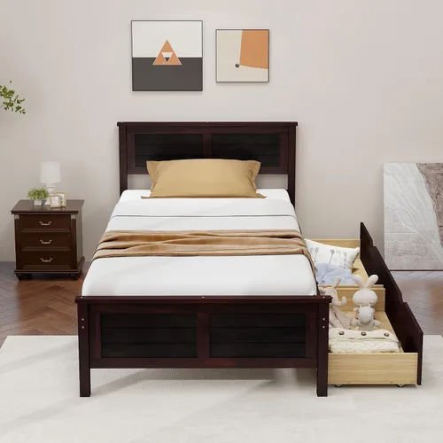 Miniatura 3 de Giantex Cama individual de madera con 2 cajones de almacenamiento, plataforma de madera maciza con cabecero, base de colchón de soporte de listones