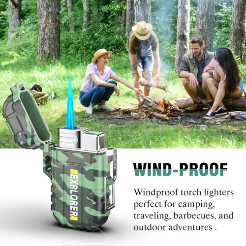 Miniatura 8 de Encendedor de antorcha, butano recargable, resistente al viento, gas para exteriores con llama de chorro ajustable, para chimenea, fuegos Camouflaje