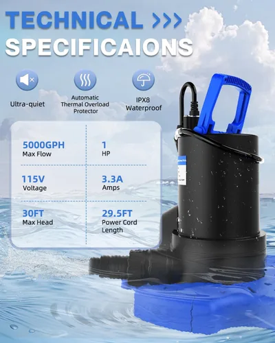 Miniatura 2 de Bomba automática de cubierta de piscina, bomba de agua sumergible de 1 HP 5000 GPH con válvula de retención y 3 adaptadores, cable de 29.5 pies