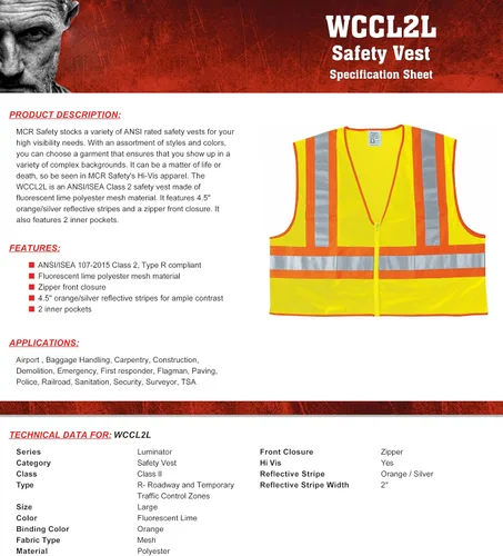 Miniatura 4 de MCR Safety WCCL2LL - Chaleco de seguridad de malla de poliéster clase 2 con 3M Scotchlite de 4-1/2 pulgadas, rayas reflectantes naranja/plateadas