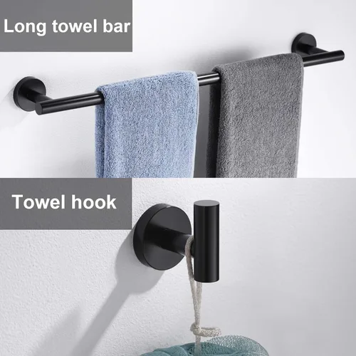 Miniatura 3 de Juego de 6 piezas de accesorios de ferretería de baño negro mate, anillo para toalla de mano, barra redonda para toallas de 16 y 23.6 pulgadas
