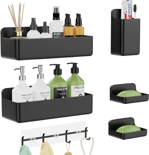 Paquete de 6 estantes de ducha adhesivos inoxidables para ducha interior, sin perforaciones, organizador de baño y almacenamiento grande con soporte