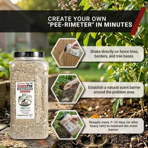 Miniatura 3 de PredatorPee CoyotePee YardCover Shakin' Flakes – Disuasorio natural para ciervos, mapaches, marmotas y más – Gránulos de fácil propagación – 128