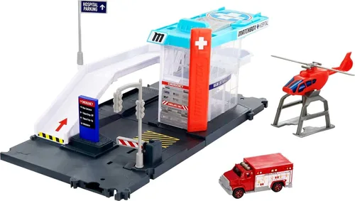 Matchbox Juego de coches, choferes de acción y rescate de helicópteros y ambulancia de juguete a escala 1:64 y helicóptero, se conecta a otros juegos
