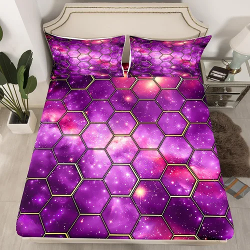 Miniatura 47 de Manfei Juego de sábanas bajeras de panal de galaxia, tamaño individual, 2 piezas, estampado geométrico hexagonal, funda de cama de cielo estrellado