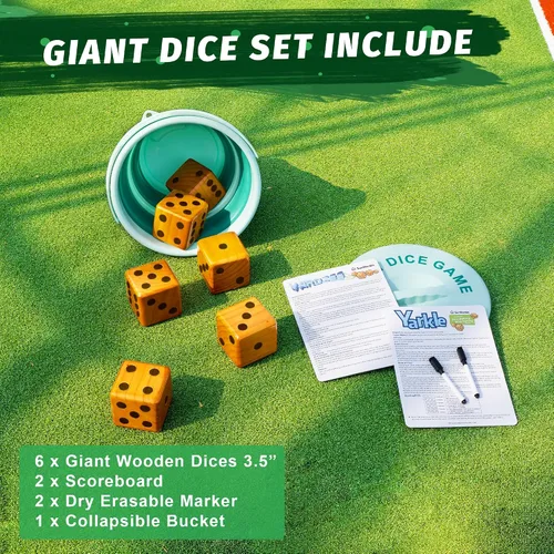Miniatura 3 de SunNordic Juego de 6 dados gigantes de madera para patio, juego de Yardzee para césped al aire libre Jumbo con cubo y tarjeta de puntuación Farkle