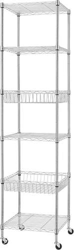 Finnhomy Estantería de alambre resistente de 6 niveles con ruedas de 18 x 18 x 72 pulgadas, 6 estantes, estante de almacenamiento con tubo de acero