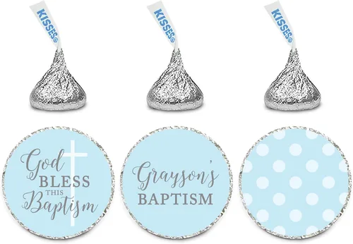 Andaz Press Colección de bautismo de niño azul y gris, trío de etiquetas de gota de chocolate personalizadas, paquete de 216, nombre personalizado,