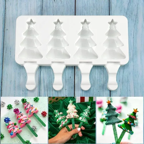 Miniatura 3 de 1 paquete de moldes de silicona con forma de árbol de Navidad de Navidad, moldes de paletas de hielo de 4 cavidades para niños y adultos, molde