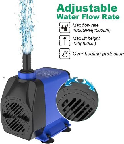 Miniatura 2 de Knifel Bomba sumergible 1056GPH (4000L/H 85W) ultra silenciosa con protección contra sobrecalentamiento, cable de alimentación de 9.8 pies