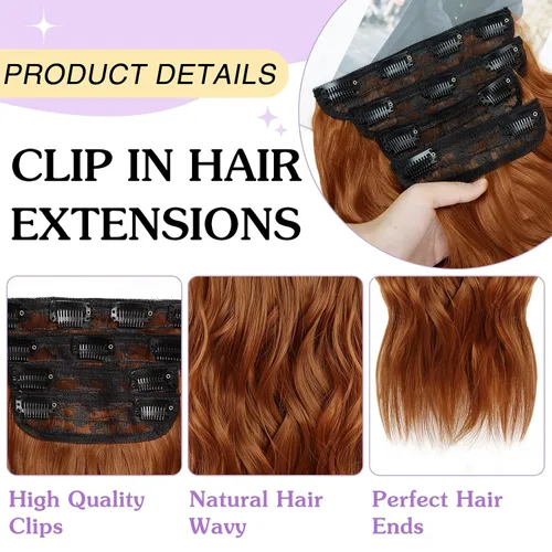Miniatura 3 de NAYOO 4 piezas Extensiones de cabello con pinza, ondas largas y rizadas, sintéticas, gruesas, con fibra de doble trama, para mujeres, color cobre
