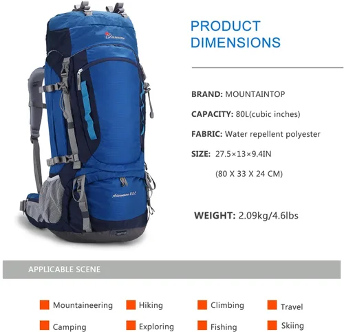 Miniatura 2 de MOUNTAINTOP Mochila de marco interno de 80L para hombre y mujer Mochila de senderismo con cubierta de lluvia Azul-80L