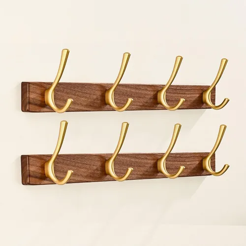 Miniatura 11 de Perchero de pared pequeño de madera de nogal de 17.3 pulgadas con 4 ganchos, colgador de chaquetas de madera resistente montado en puerta