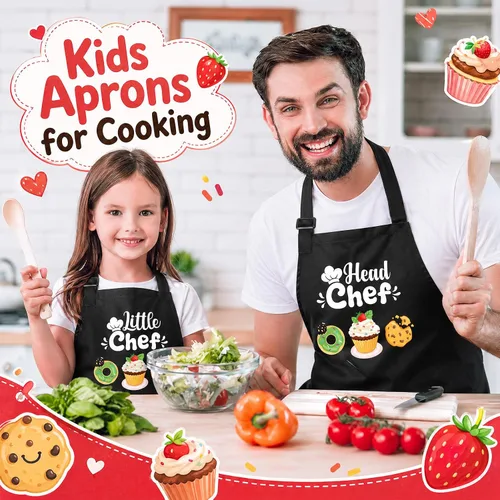 Miniatura 6 de Juego de 2 delantales para padres e hijos, delantales de cocina ajustables con bolsillos para adultos y niños