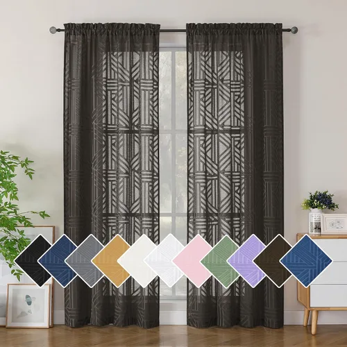 Miniatura 67 de Simplebrand Cortinas traslúcidas negras de cocina de 24 pulgadas de largo, 2 paneles, filtrado de luz, geométrico jacquard con textura, cortinas