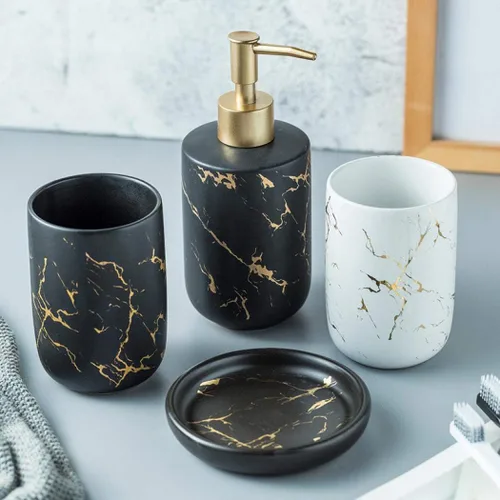 Miniatura 4 de Juego de accesorios de baño, 4 piezas/juego de accesorios de baño de cerámica de lujo, dispensador de jabón/loción, vaso de baño, jabonera