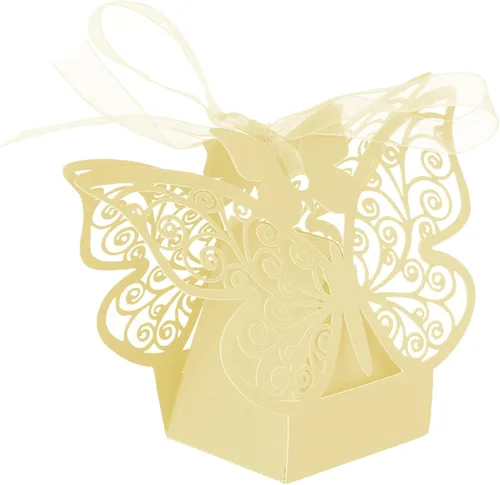 Miniatura 2 de Auto-plaza 50 cajas de regalo de mariposa cortadas con láser, cajas de dulces con cintas (beige)