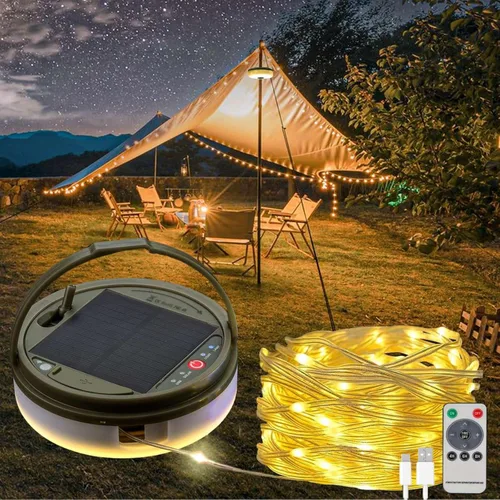 Luces de tira solares para acampar, tira de luces de hadas de 39.4 pies, lámpara de campamento impermeable portátil 4 en 1 con 8 modos de