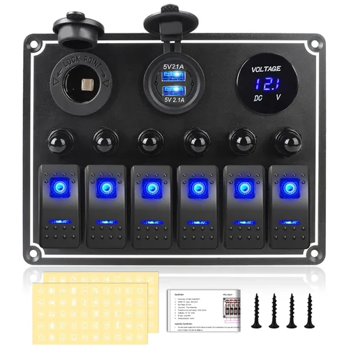 Miniatura 9 de Panel de Interruptores de Palanca Impermeable de 8 Posiciones con Cargador USB Dual y Voltímetro - Protección contra Sobrecarga para RV, Marina