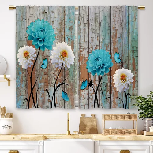 Miniatura 25 de Cortinas de Cocina de Girasol Estilo Granja, Cortinas de Ventana Cortas Pequeñas de Café con Flores Rústicas Florales del Campo, Cortinas de Ventana