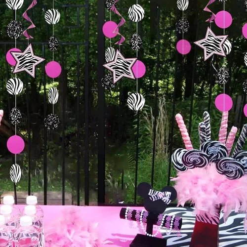 Miniatura 4 de Zebra Passion - Decoraciones colgantes de remolino rosa (26 pulgadas, 3 unidades) – Llamativa decoración de fiesta de papel de aluminio rosa – Ideal