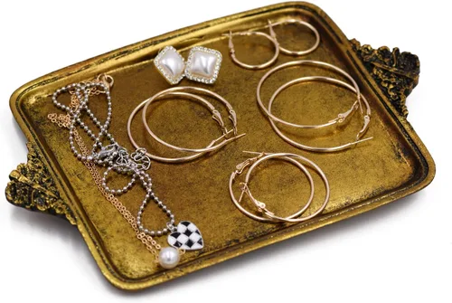Bandeja decorativa de joyería dorada vintage, organizador de perfumes, bandeja organizadora de joyas, bandeja para collar, pequeña pero delicada,