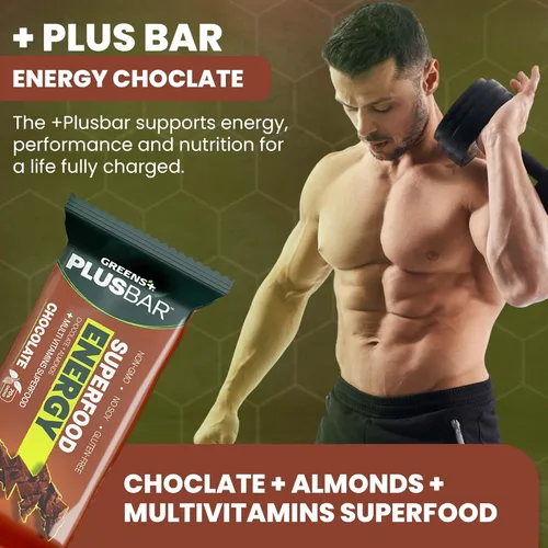 Miniatura 3 de Greens+ Plusbar Energy Chocolate Barra energética sin gluten Verduras orgánicas Chocolate negro orgánico Sin OMG 12 barras