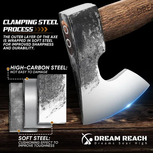 Miniatura 3 de Dream Reach Hacha con Mango Carbonizado de 14.5" Hacha de Camping con Funda Hacha de Bushcraft con Mango Carbonizado, Ejes de Tallado Forjados a