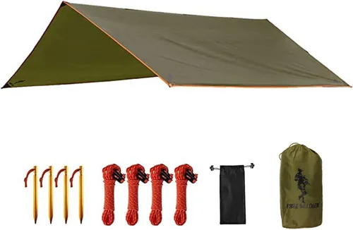 Miniatura 20 de FREE SOLDIER Lona impermeable portátil multifuncional para exteriores, camping, viajes; toldo de mochilero, refugio contra la lluvia Verde oscuro